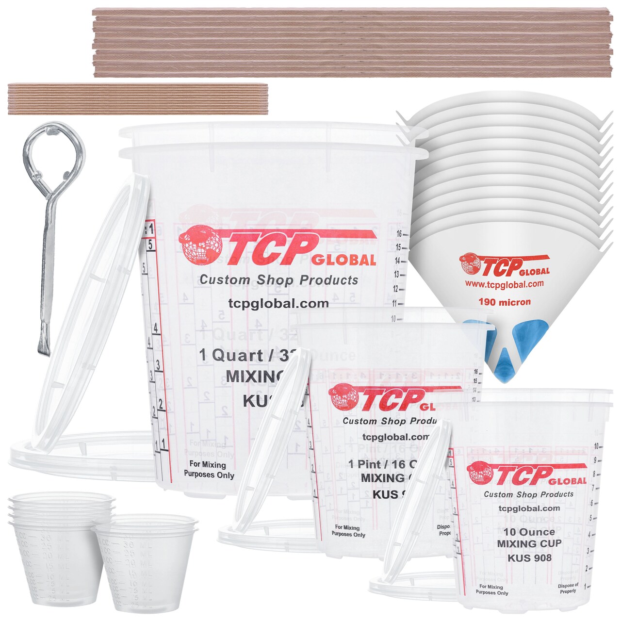Complete Paint Mixing Kit - 12 Cups with Lids, Mixing Sticks, Paddles, Strainers - Epoxy Resin Measuring Cups, Plastic Paint Cup Containers for Automotive & Art Projects